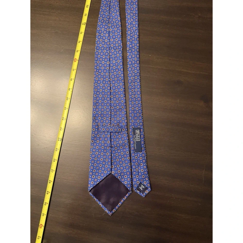 Vintage Polo Ralph Lauren Blue Geometric Medallion Silk Tie Made by Hand USA 90s